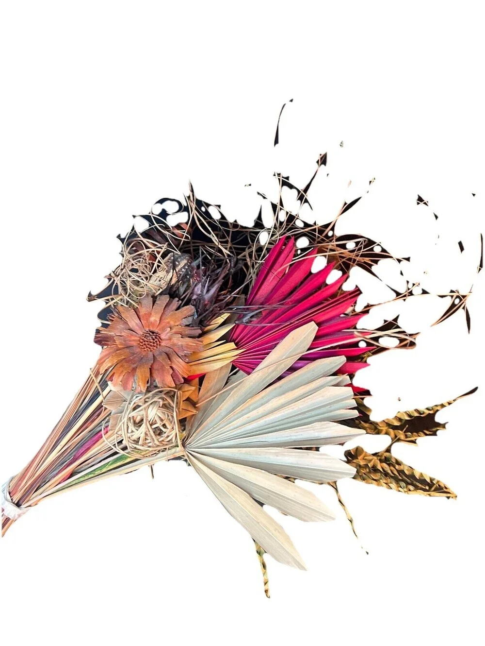 Large dried flowers dried palm spear and tropical bouquet with burgundy accents
